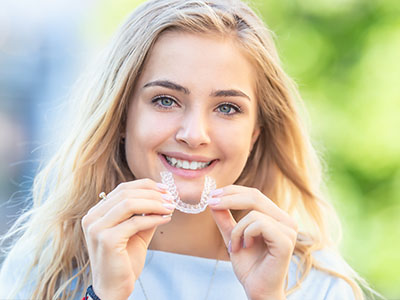 A young woman with blonde hair holding up a clear dental retainer with her mouth while smiling at the camera.